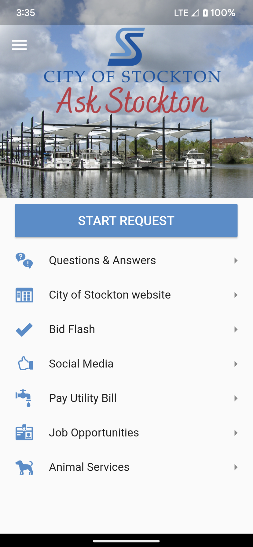 Ask Stockton mobile App Main Screen